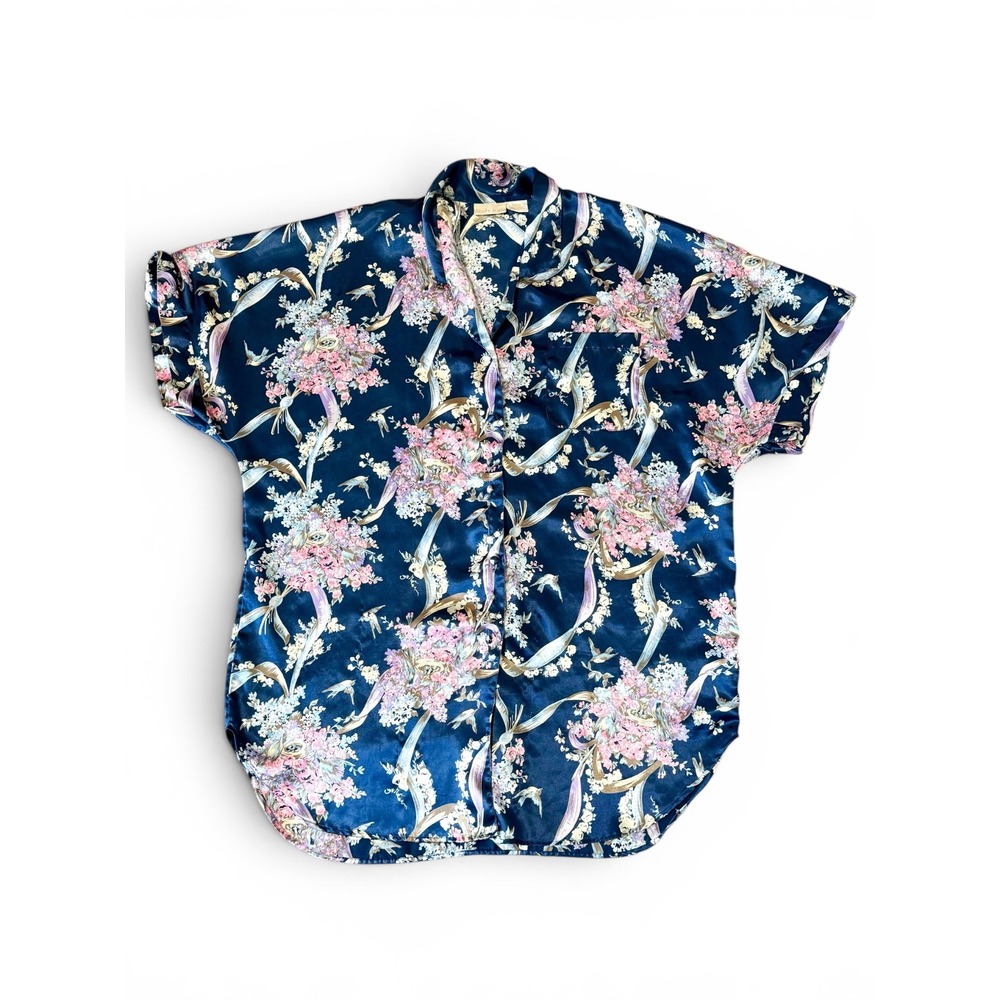 Solange Women Navy Blue Floral Bird Print Satin Sleep/PJ Shirt Plus Size 22/24